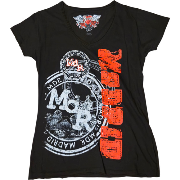 Safon Madrid Graphic Tee Women’s XL Black V-Neck Rock Style T-Shirt Cotton - Picture 1 of 10